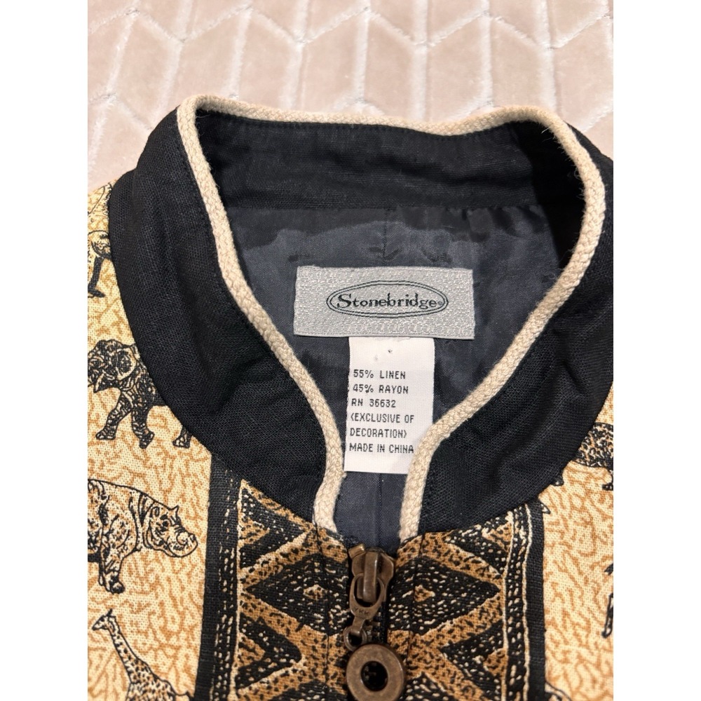 Stonebridge Women's Vest L Safari Animal Print Beaded Trim Full Zip Linen Blend - Picture 11 of 12